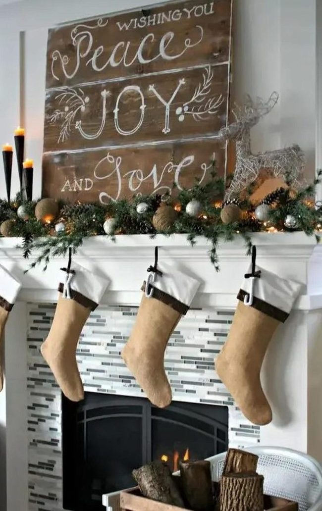 Tan Stockings Gold Garland Fireplace