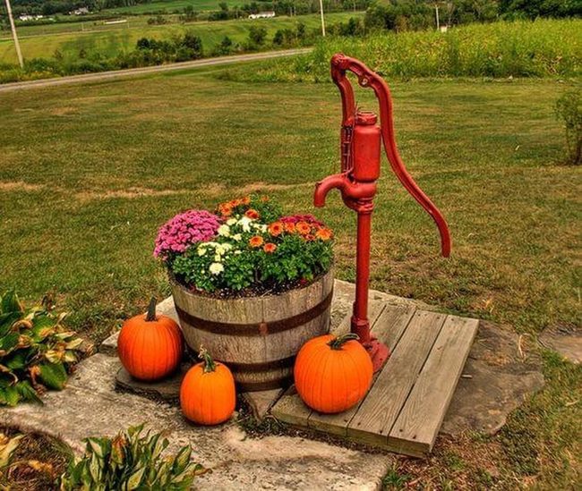 Red Pump Overflowing Blooms