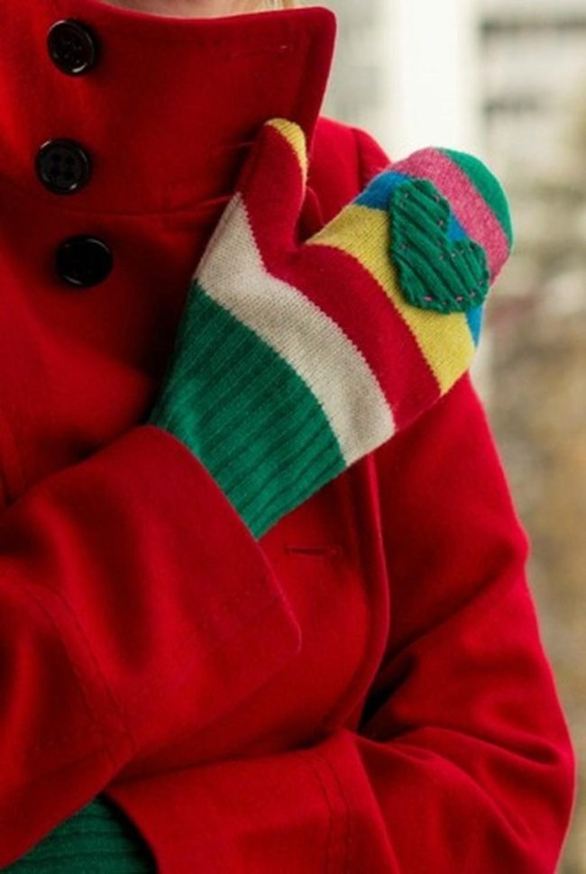 Red Coat, Bold Buttons, Striped Mittens