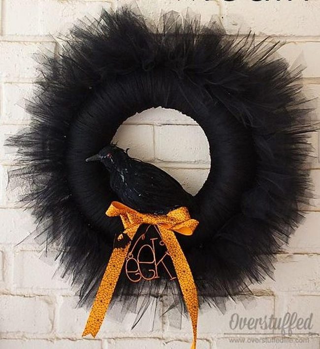 Black Crow Halloween Wreath Orange Bow