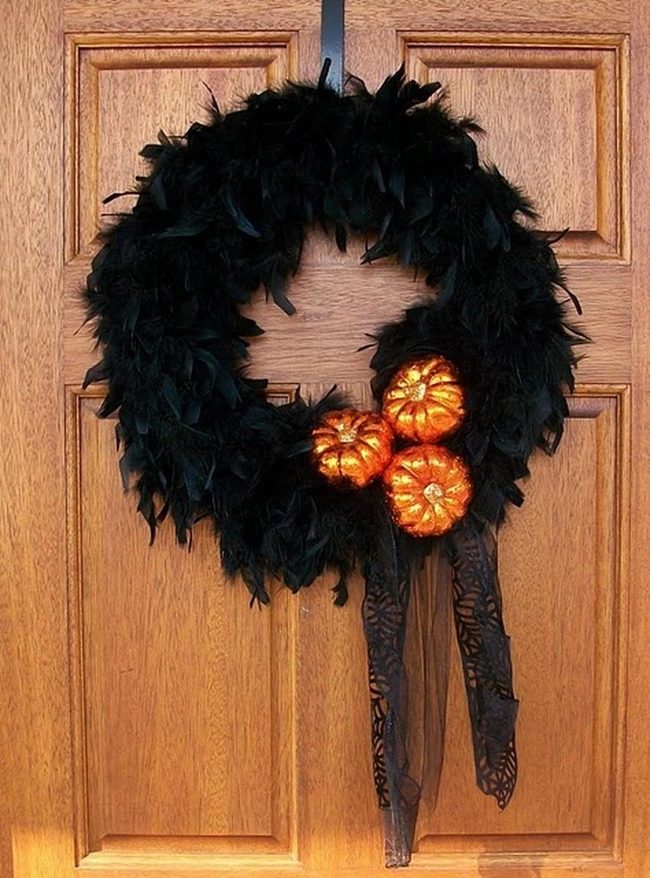 Feathered Pumpkin Halloween Wreath