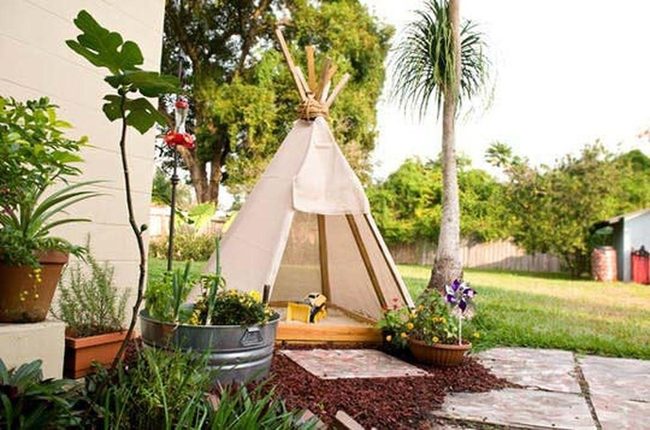 Teepee Sandbox With Potted Plants