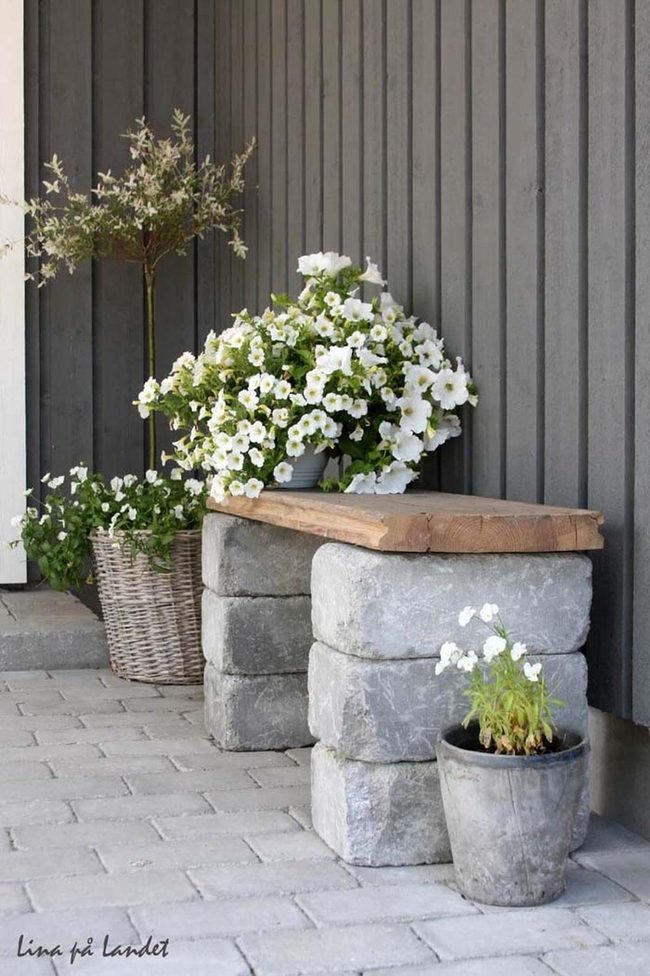 Stone Base Wooden Seat Bench