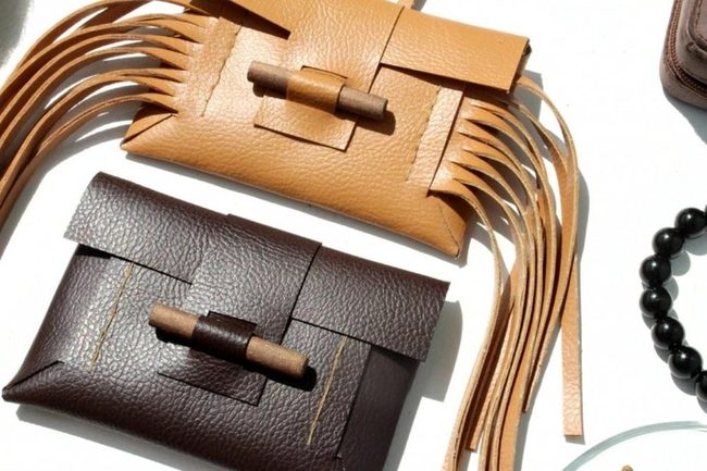 Black Beads On Tan Leather Pouches