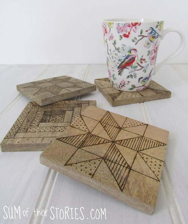 Geometric Pyrography Wooden Coasters