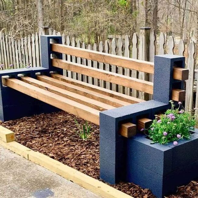 Wooden Bench With Built-In Planters