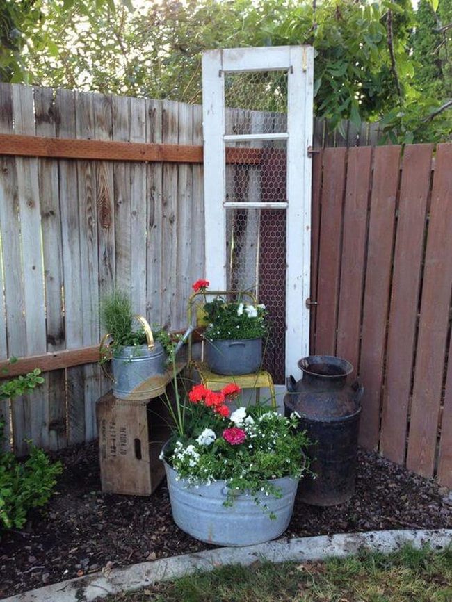 Geraniums Among Weathered Metal Pots