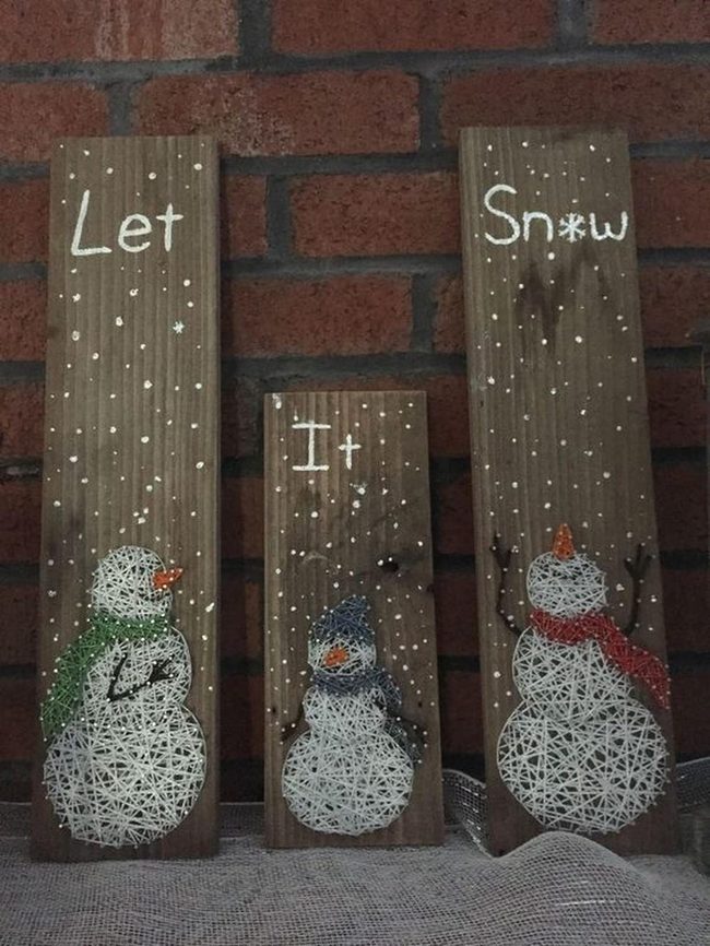 White String Snowmen Brown Wood