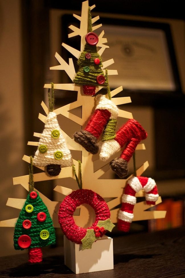 Knitted Ornaments On Wooden Branches