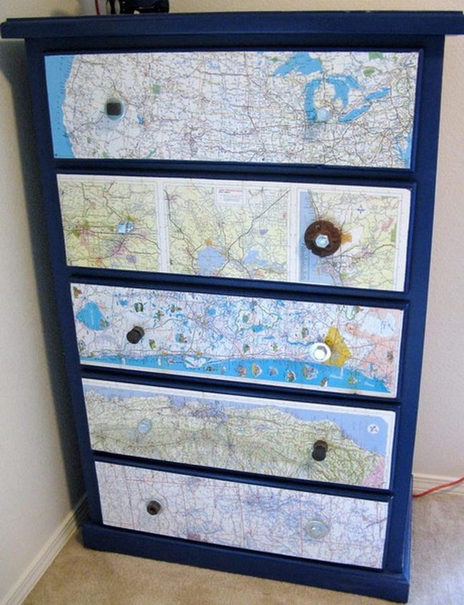 Navy Blue Dresser With Vintage Maps