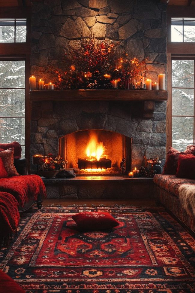 Autumn Mantle With Glowing Fireplace