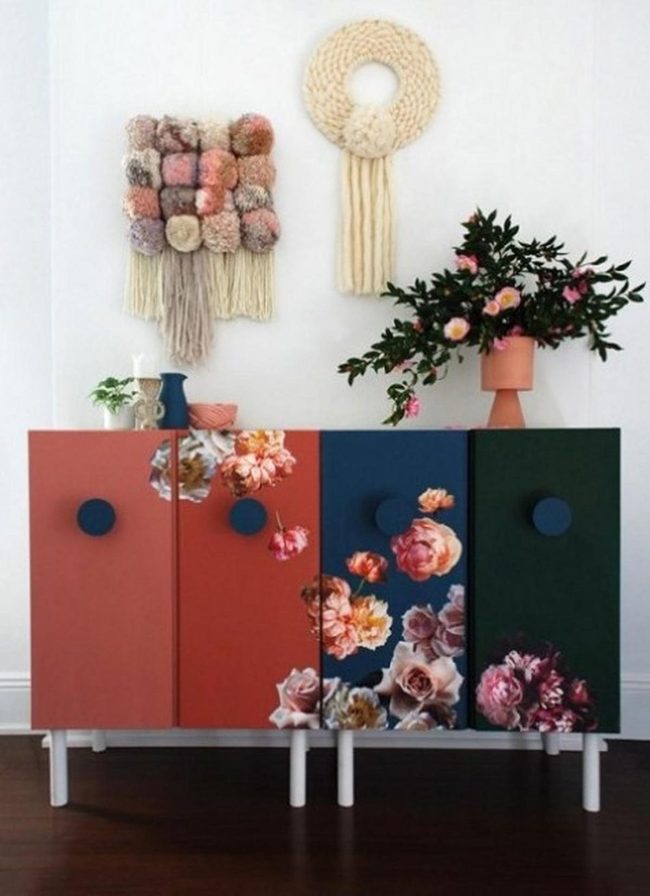 Floral Painted Cabinets Deep Blue