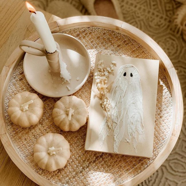 Woven Tray With Cheesecloth Ghosts