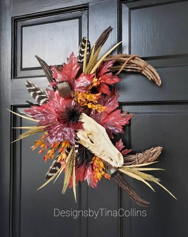 Skull And Crimson Leaves Wreath