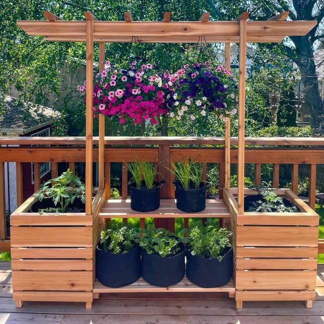 Wooden Garden Stand Colorful Hanging Flowers