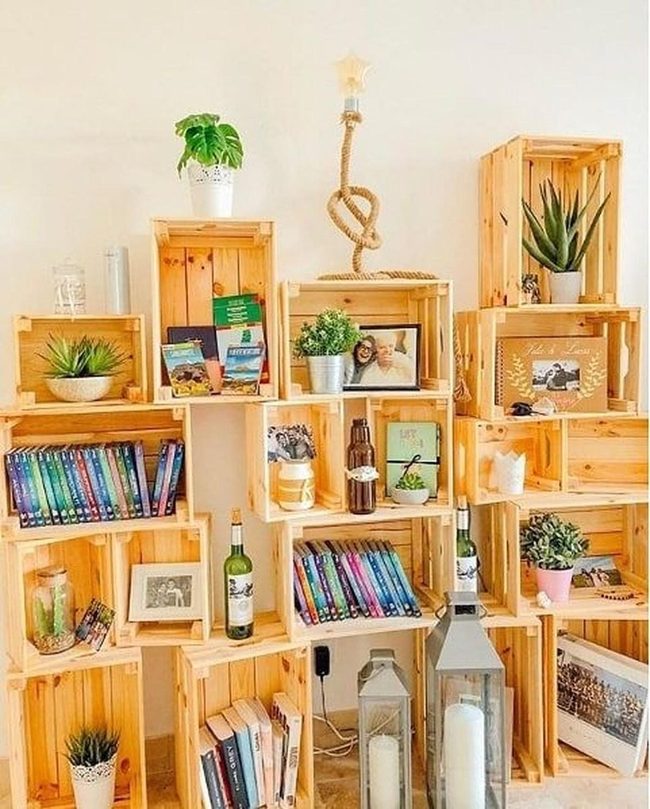 Stacked Wood Crates Green Plants