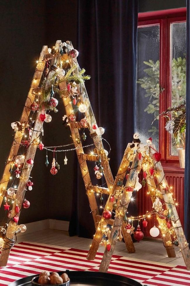 Wooden Ladder With Glowing String Lights