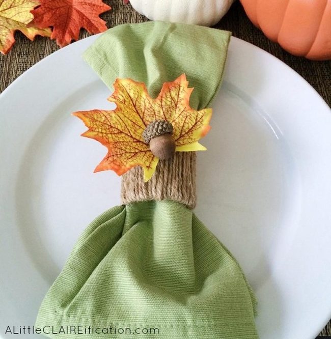 Green Napkins With Autumn Twine And Acorns