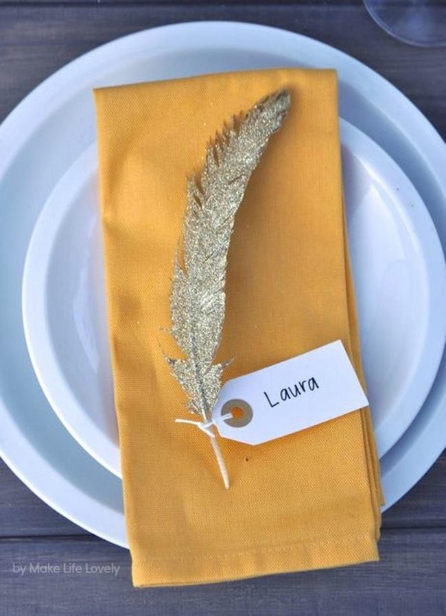 Mustard Yellow Place Settings With Gold Feathers