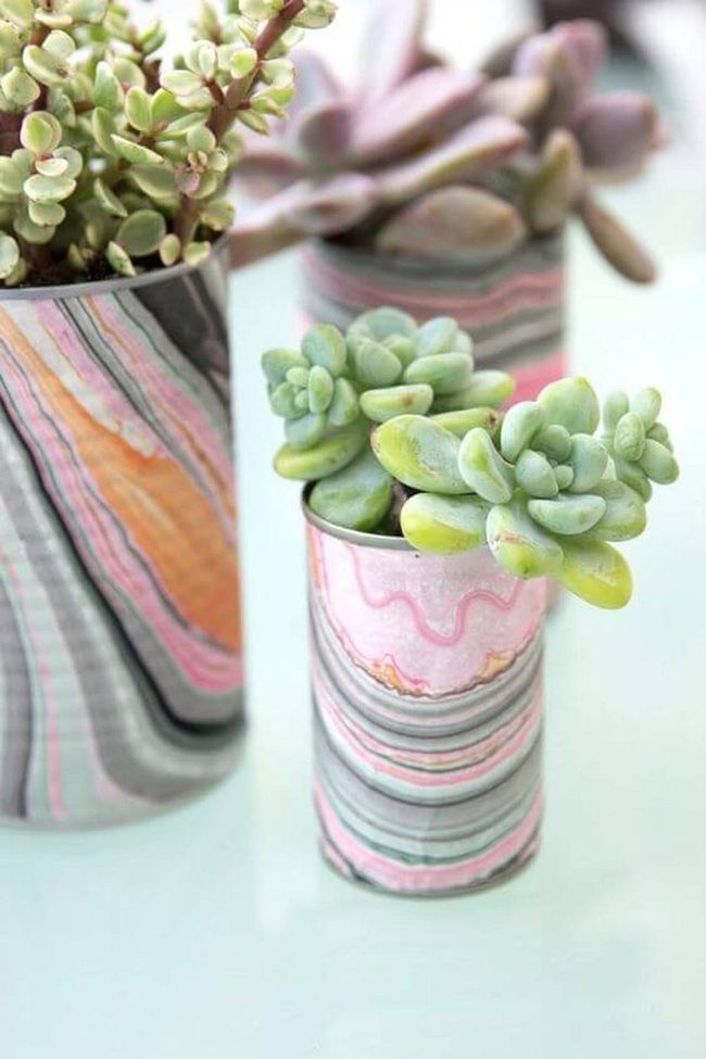 Painted Tin Cans With Succulents