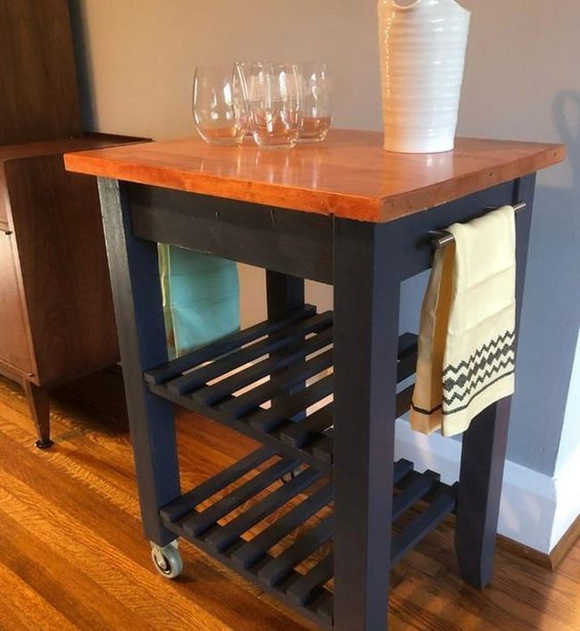 Dark Blue Legs, Natural Wood Shelves