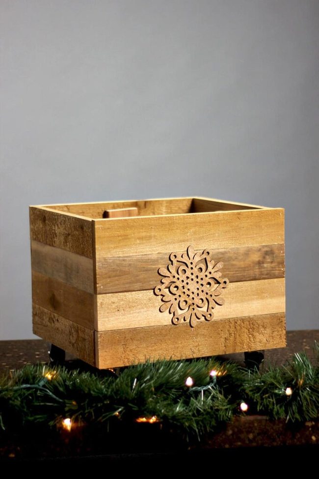 Carved Wood Box With Rolling Wheels