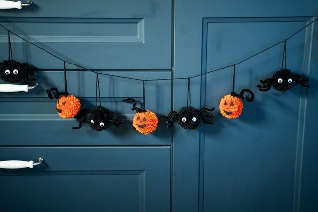 Black Yarn Spiders Orange Pumpkins