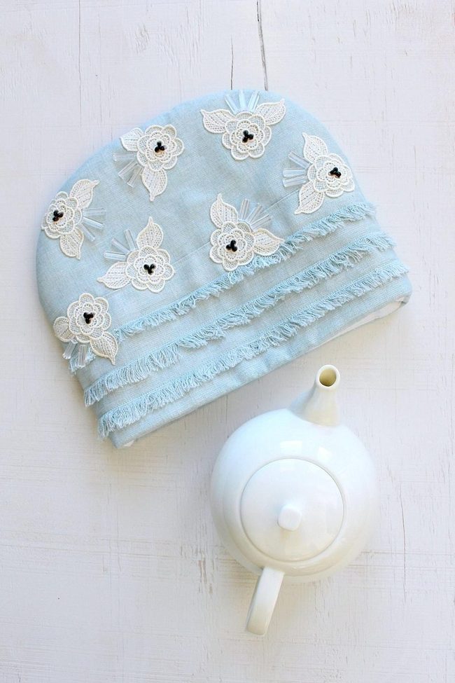 Blue Floral Tea Cozy With Black Centers