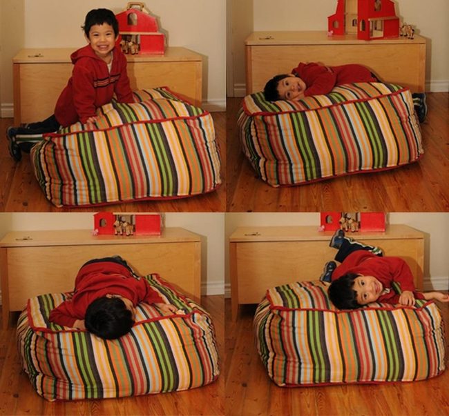 Neon Beanbags Against Natural Wood