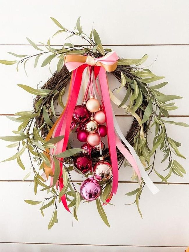 Pink And Red Baubles On Green