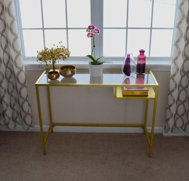 Gold Frame Glass Table With Pink Orchids
