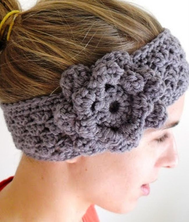 Gray Knit Headband With Handmade Flower