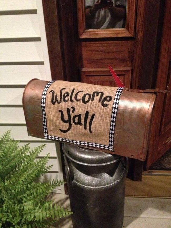 Burlap Wrapped Welcome Mailbox