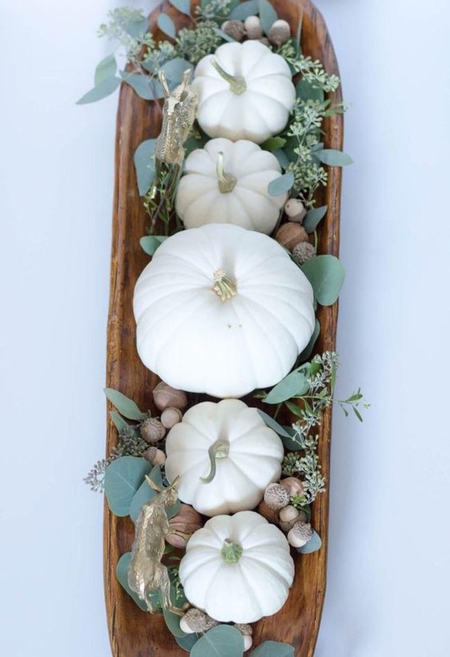 White Pumpkins With Green Eucalyptus