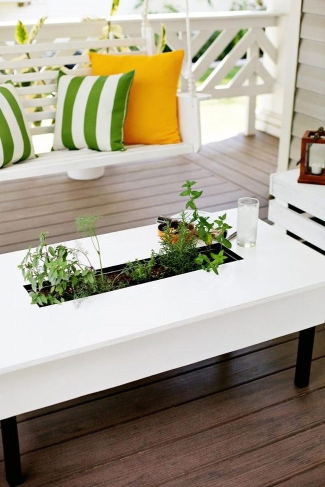 Yellow Striped Bench Porch Retreat
