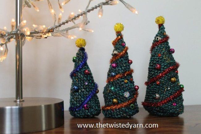 Tiny Yarn Trees With Golden Crowns