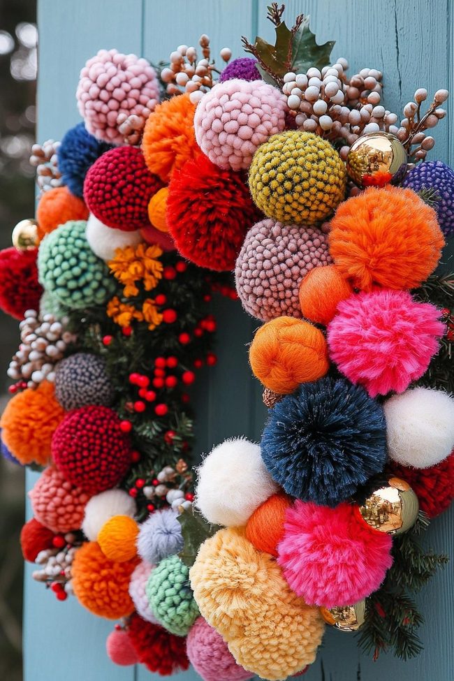 Colorful Yarn Pom Pom Wreath