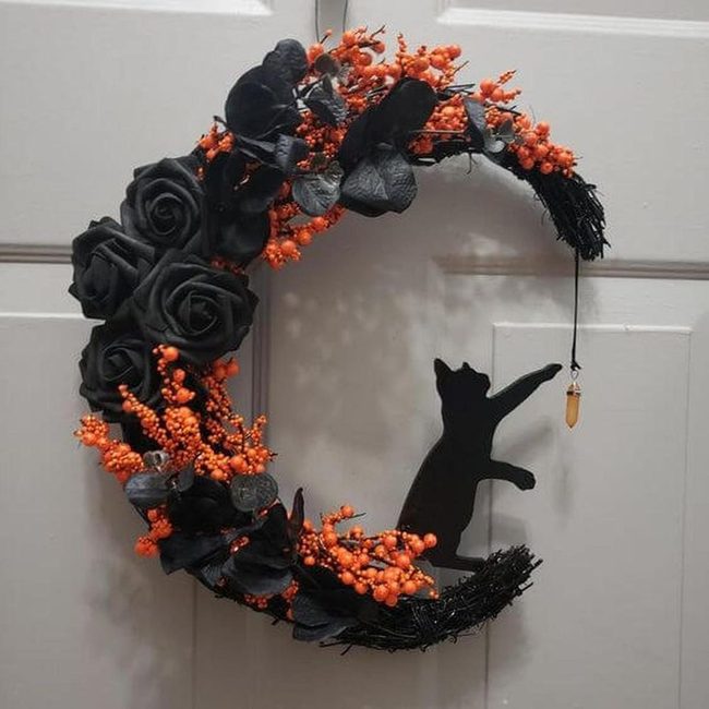 Black Roses Halloween Wreath Orange Berries