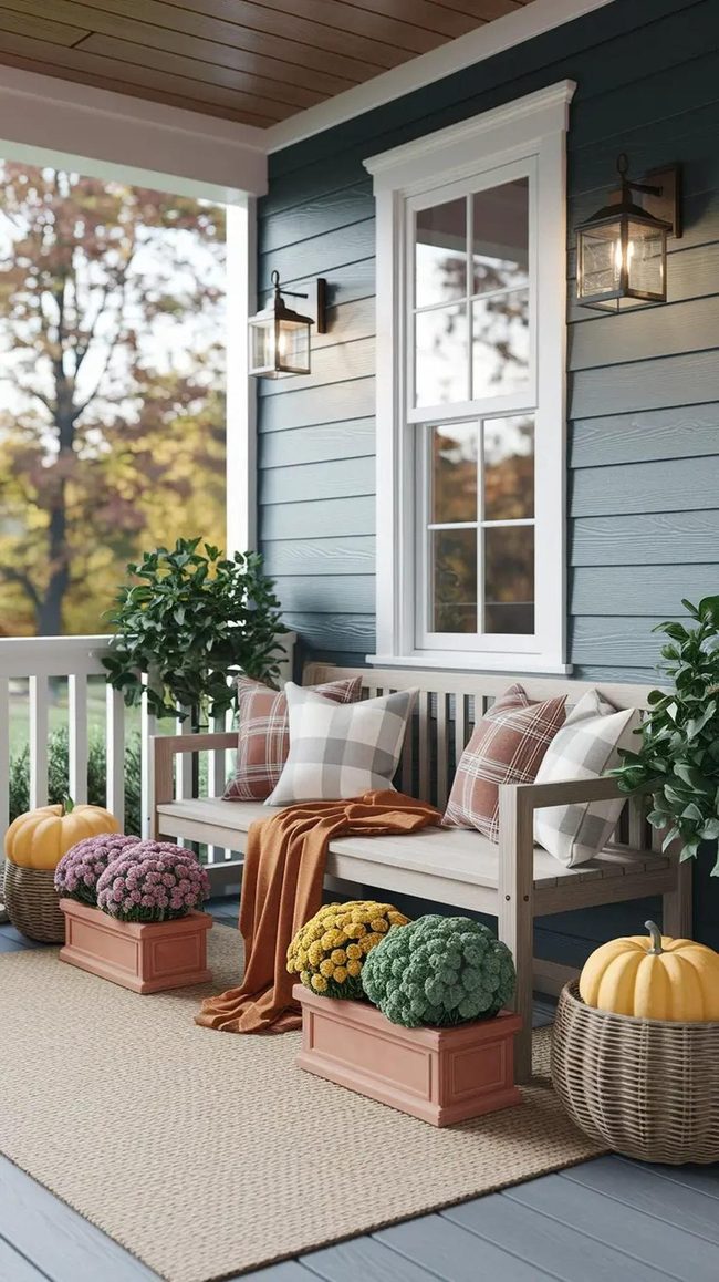 Burnt Orange Mums And Wooden Benches