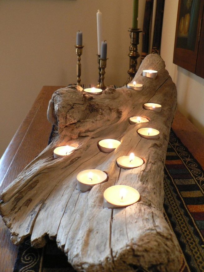 Candlelit Wood Table Centerpiece