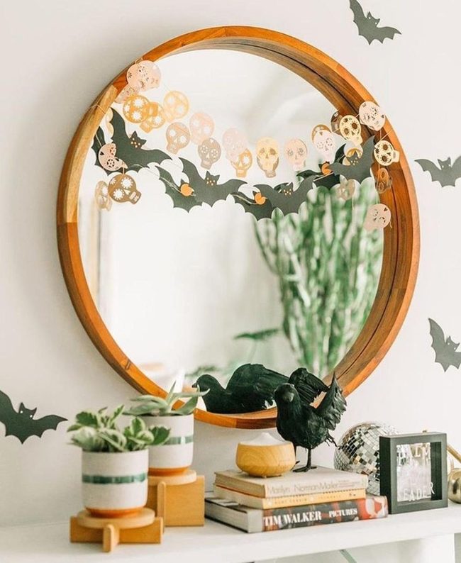 Wooden Mirror With Paper Skulls