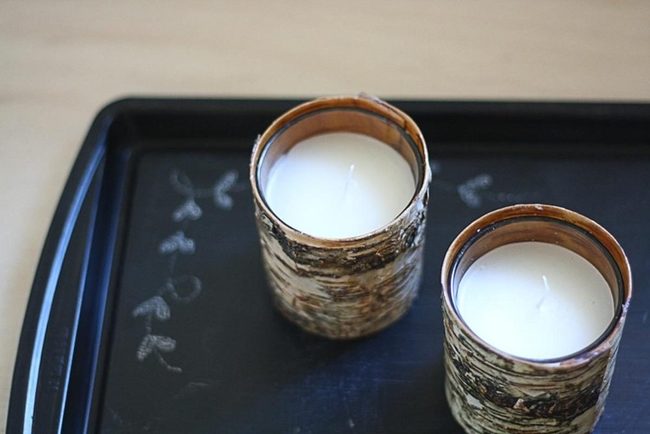 White Candles Natural Bark Holders