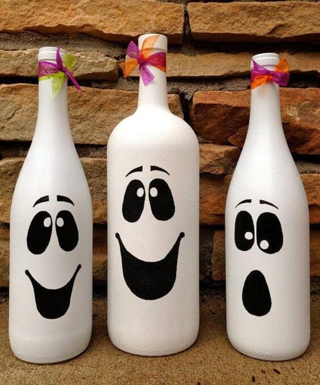 White Bottle Ghosts With Ribbon Accents