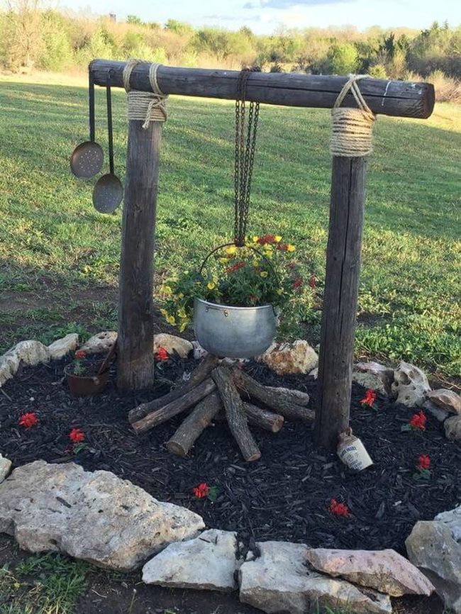 Wooden Posts And Blazing Firepit
