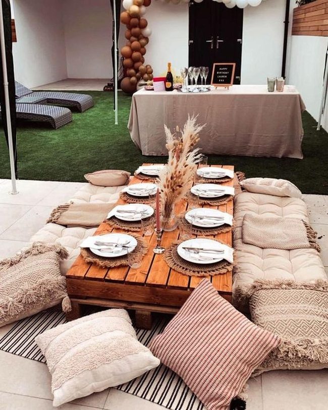 Wooden Tables With Pampas Centerpiece