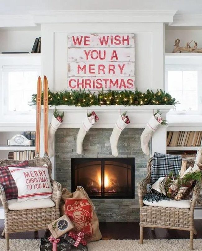 Red Letters Stone Fireplace Gathering