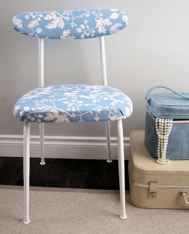 Blue Floral Chair Meets Vintage Suitcases