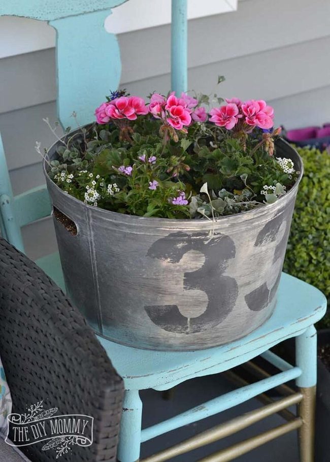 Weathered Metal Washtubs With Blooms