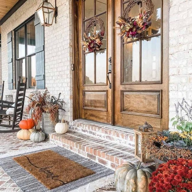 Brown Wreaths, Red Mums, White Pumpkins