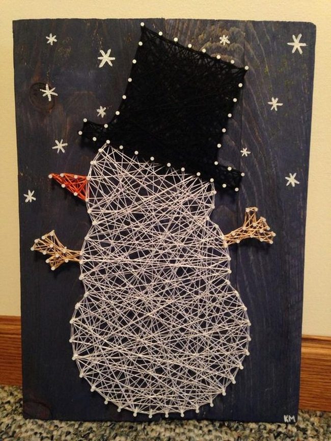 White Thread Snowman On Wood